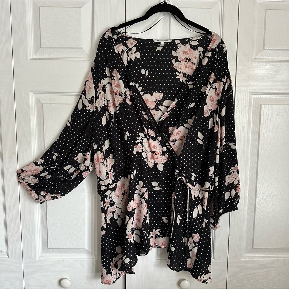Rose + Olive Blouse Womens 3X Black Floral Polka Dot Wrap VNeck Long Sleeve Boho